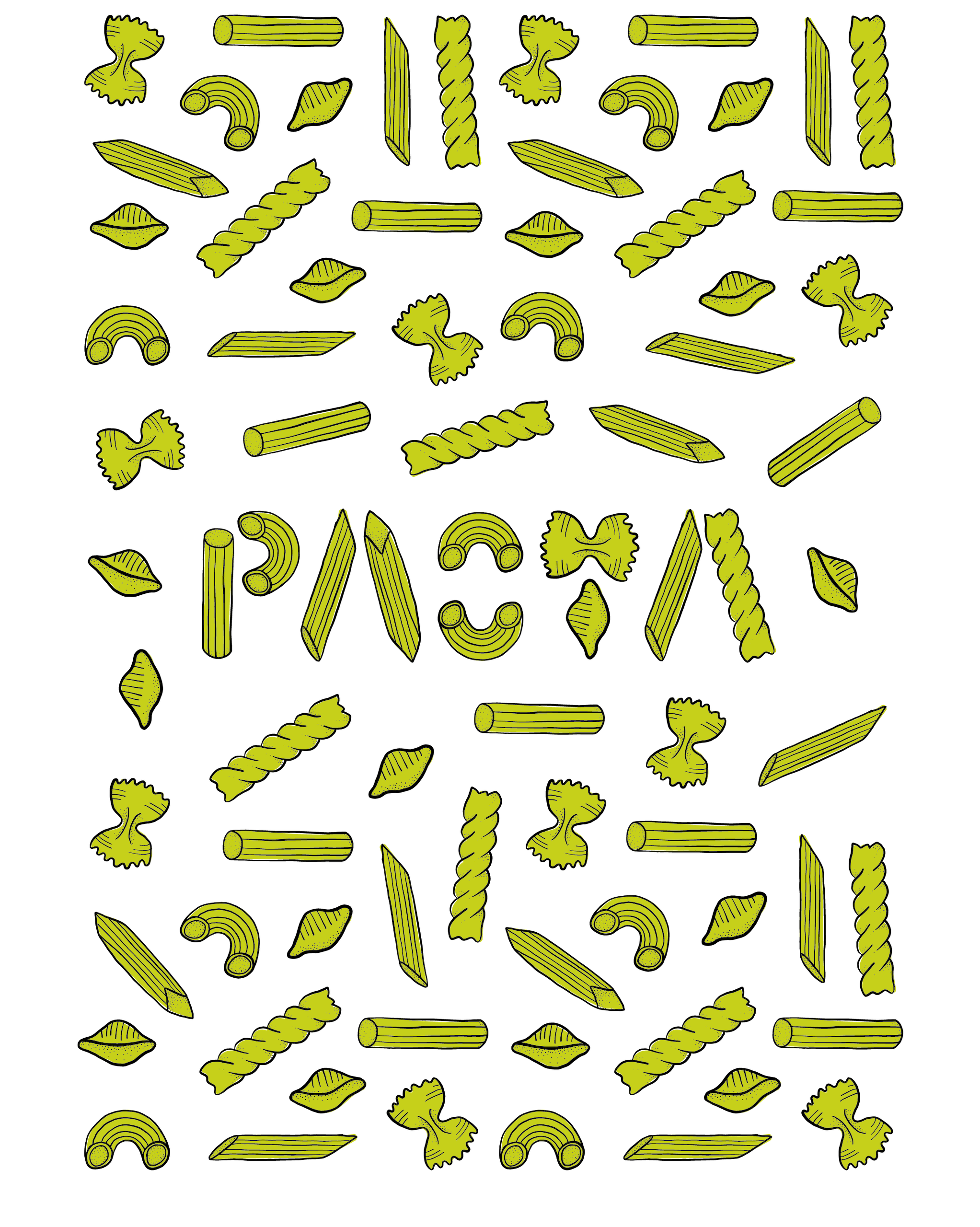 Illustration of green pasta spelling out the word pasta.