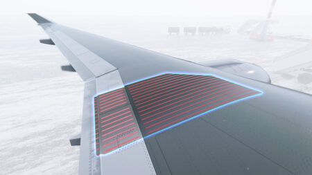 Animation still showing induction powered De-Ice technology on the wing of an airplane, melting away the ice. © Christoph Kuehne, SayoStudio.