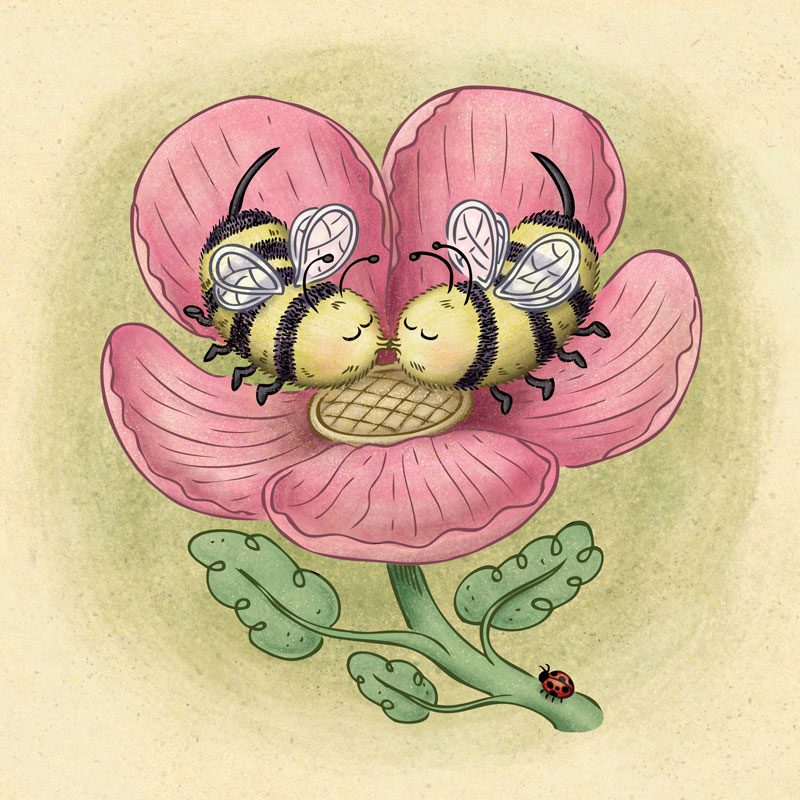 Two cute bees kissing inside a spring flower. By illustrator Scott DuBar