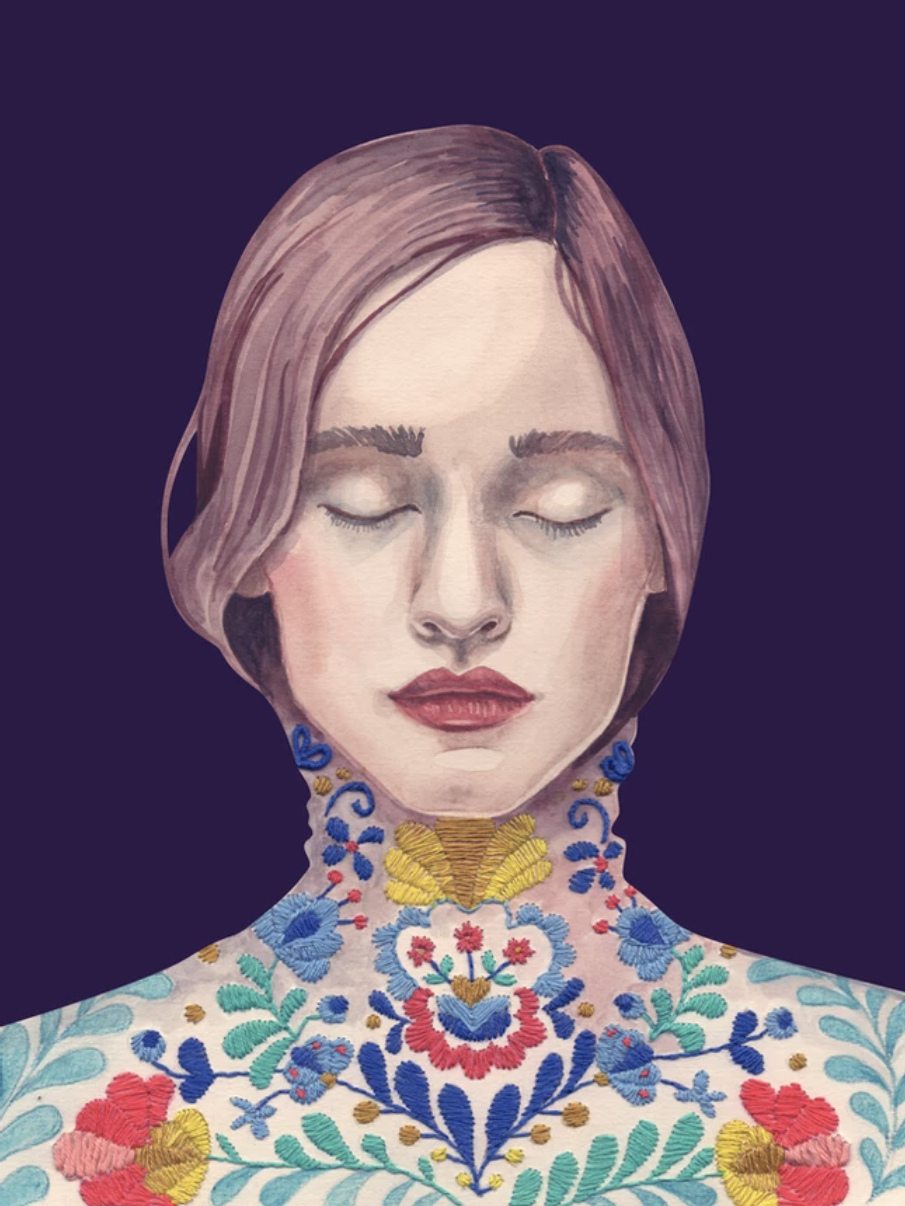 Portrait illustration of a woman with a colorful neck tattoo.
