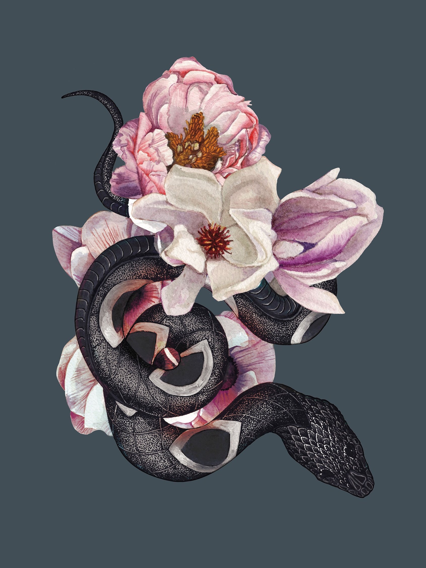 Illustration of a black snake curled around a bouquet of flowers.