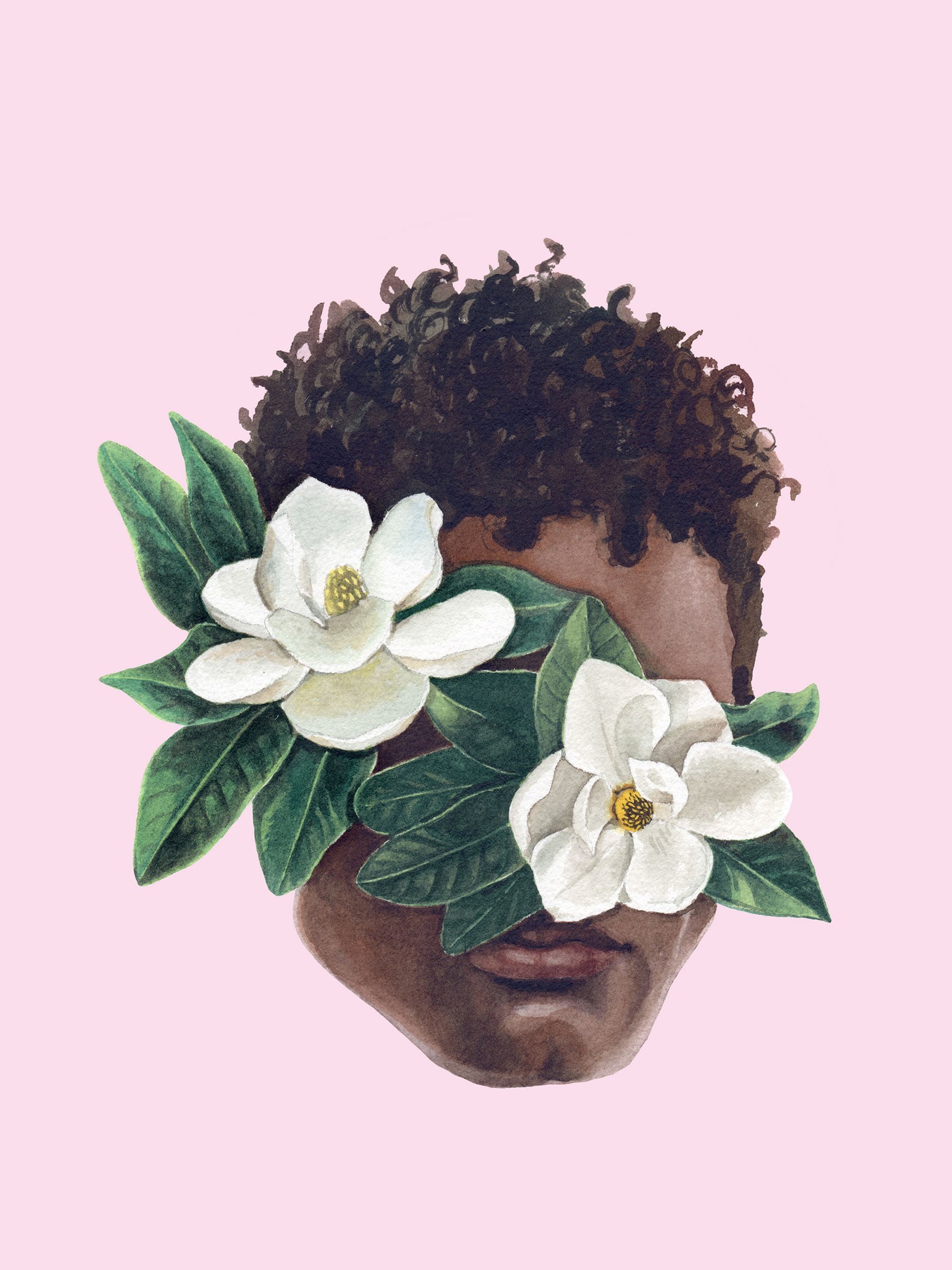 Portrait of a man's face obscured by flowers.