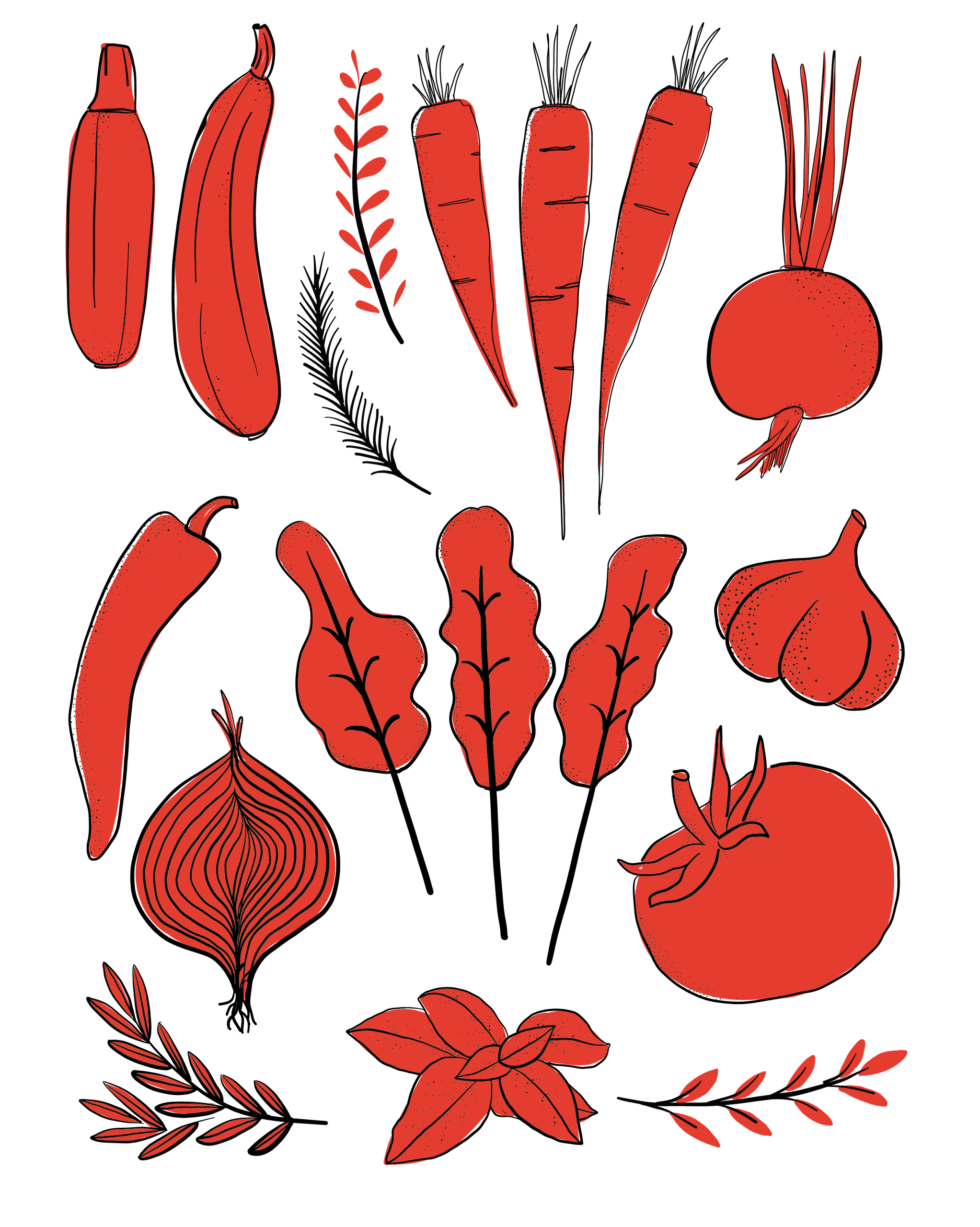 Illustration of vegetables all colored red.