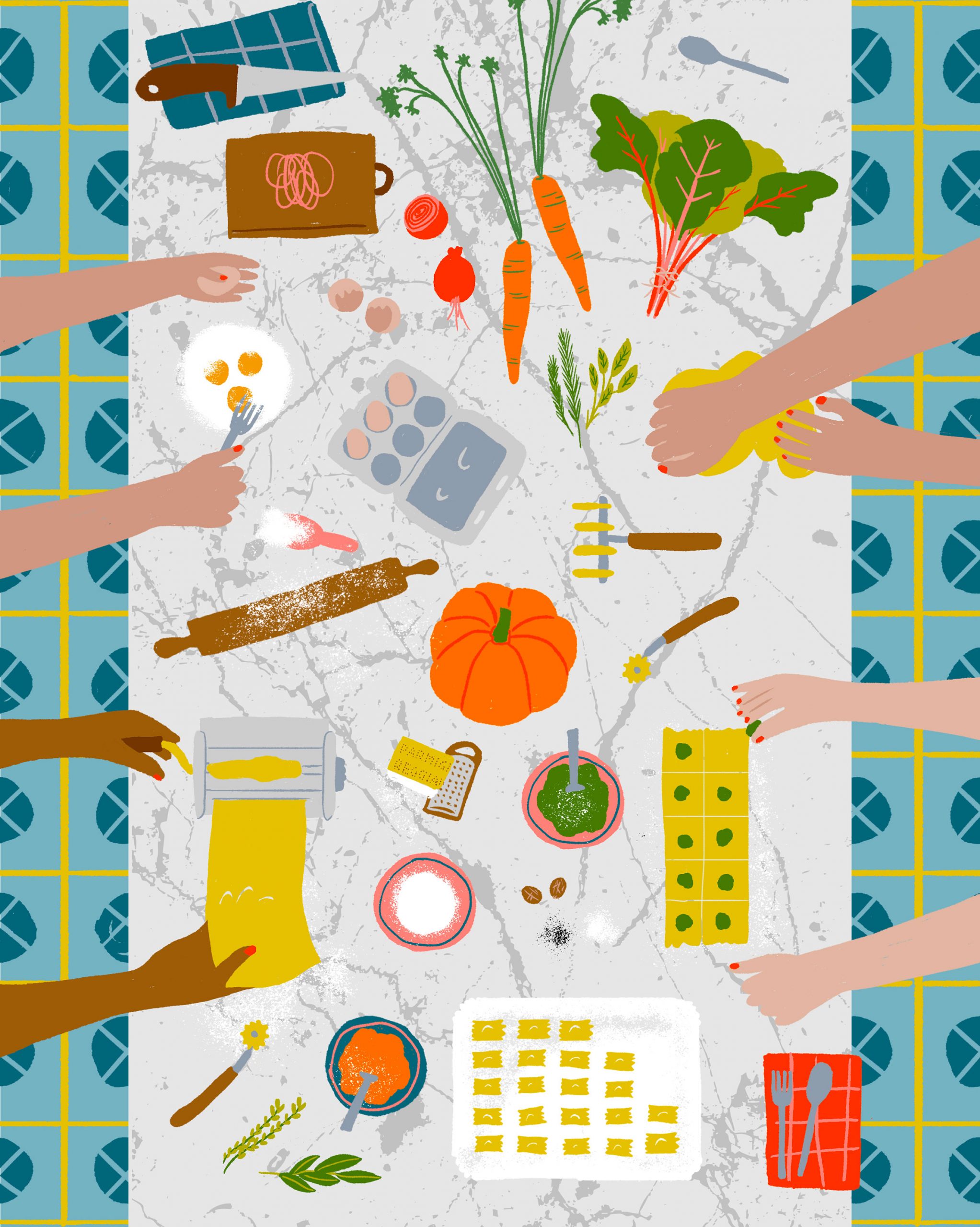 Illustration of many hands over a table preparing food.