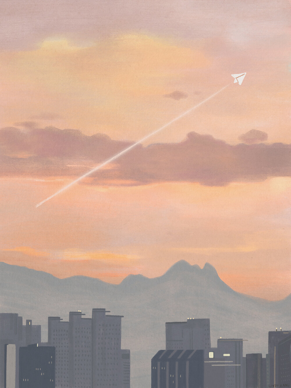Illustration of a paper plane fly across an evening sky.