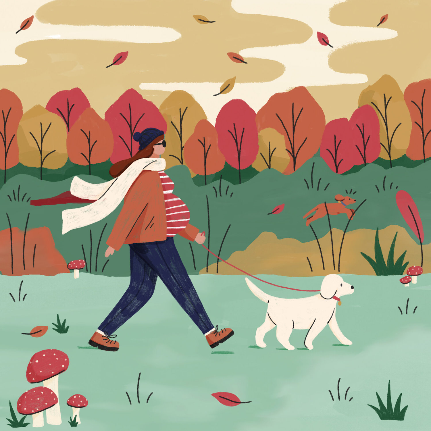 A pregnant lady walks her dog in autumn.