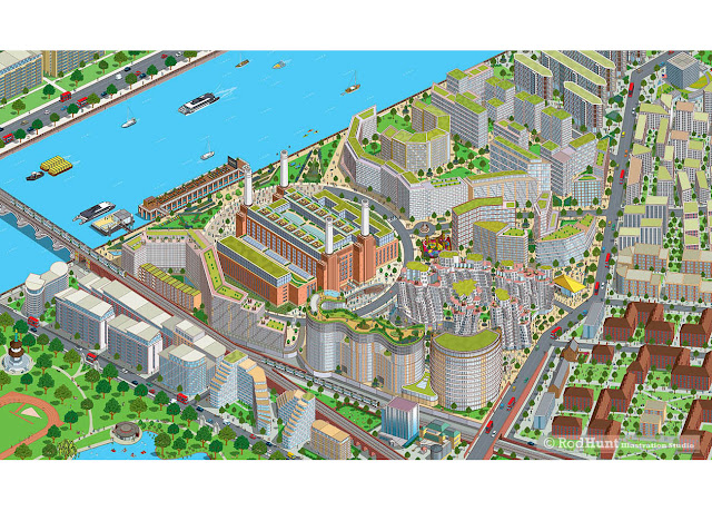 Illustrated Battersea Power Station Development neighbourhood map as part of the launch campaign for 50 Electric Boulevard, the Fosters + Partners designed office building within the 42 acre Battersea Power Station Development.