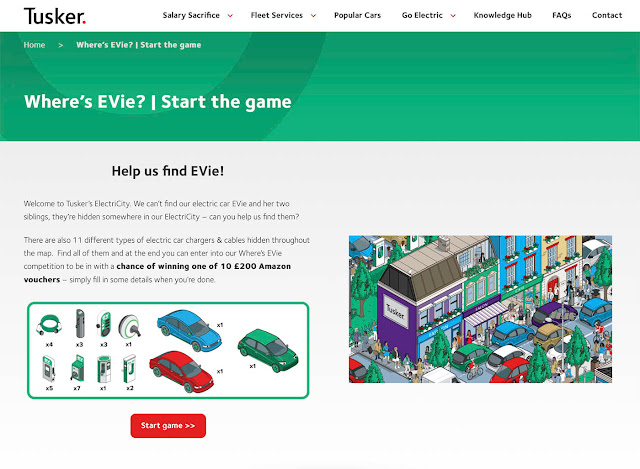 Seek and find game illustration - Where's EVie? Tusker Electric Car Isometric cityscape