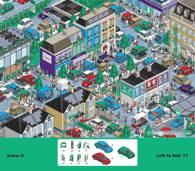 Where's EVie? Tusker Electric Car Isometric Where's Wally / Waldo style Search and Find Game Illustration