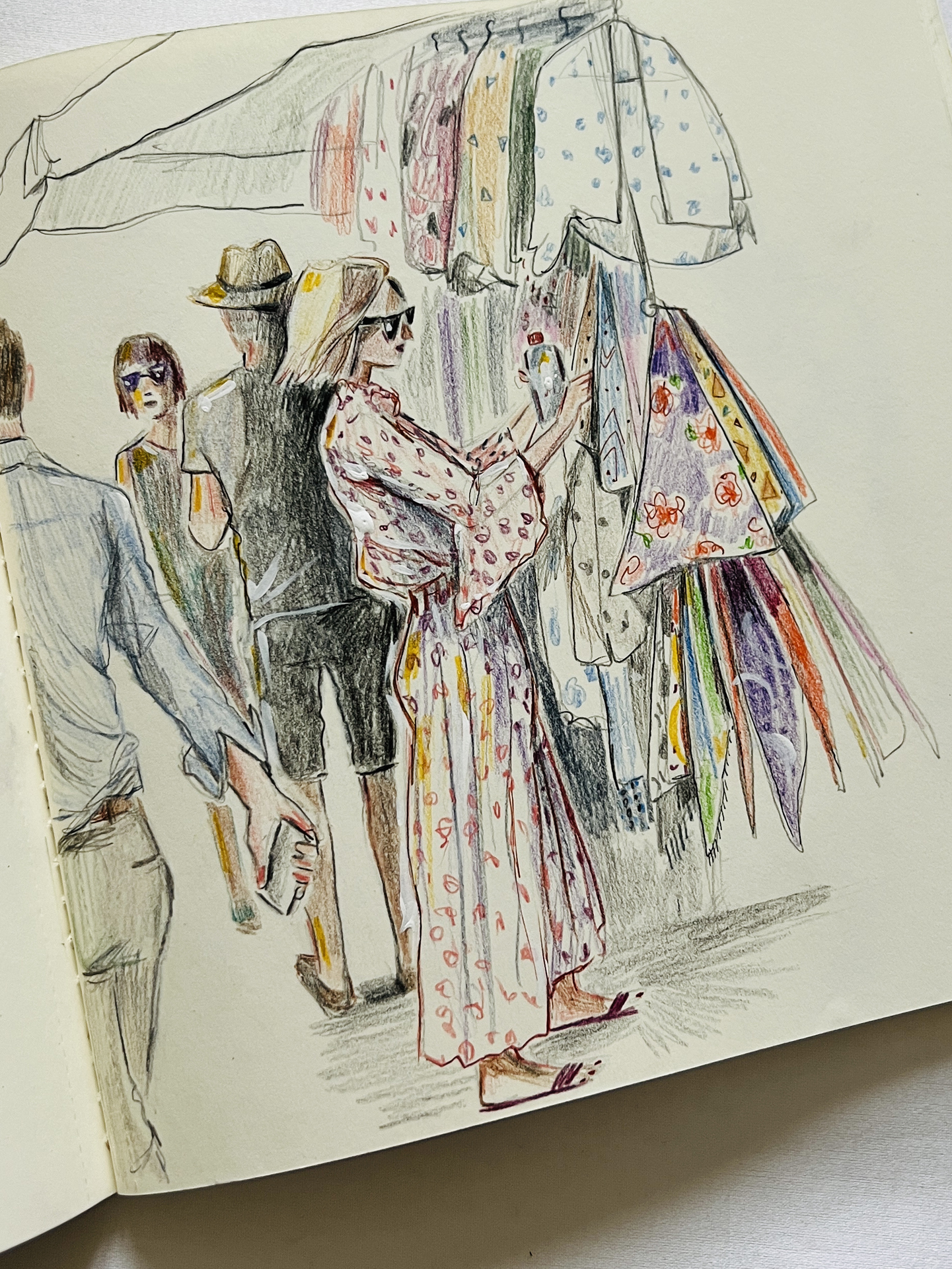 figure illustration for a Florence travel piece, with loose pencilled figures and coloured pencils.